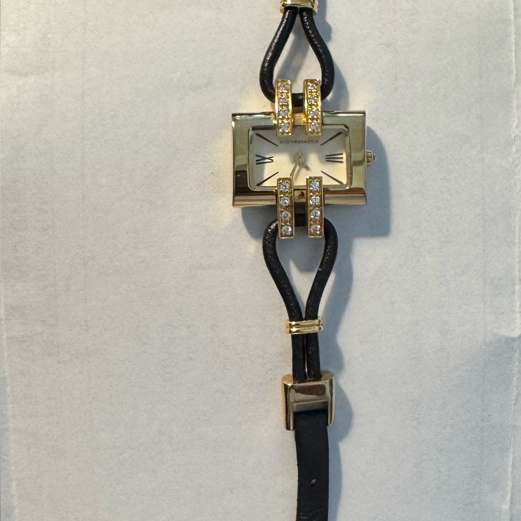 Bcbgmaxazria Gold Tone With Crystals Black Leather Strap Watch